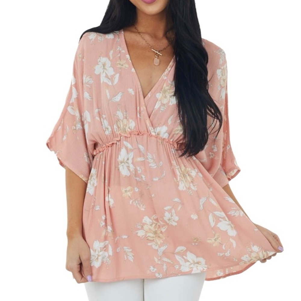 First Love by Lovelyn Floral Surplice Babydoll Top - Size M, Salmon Pink